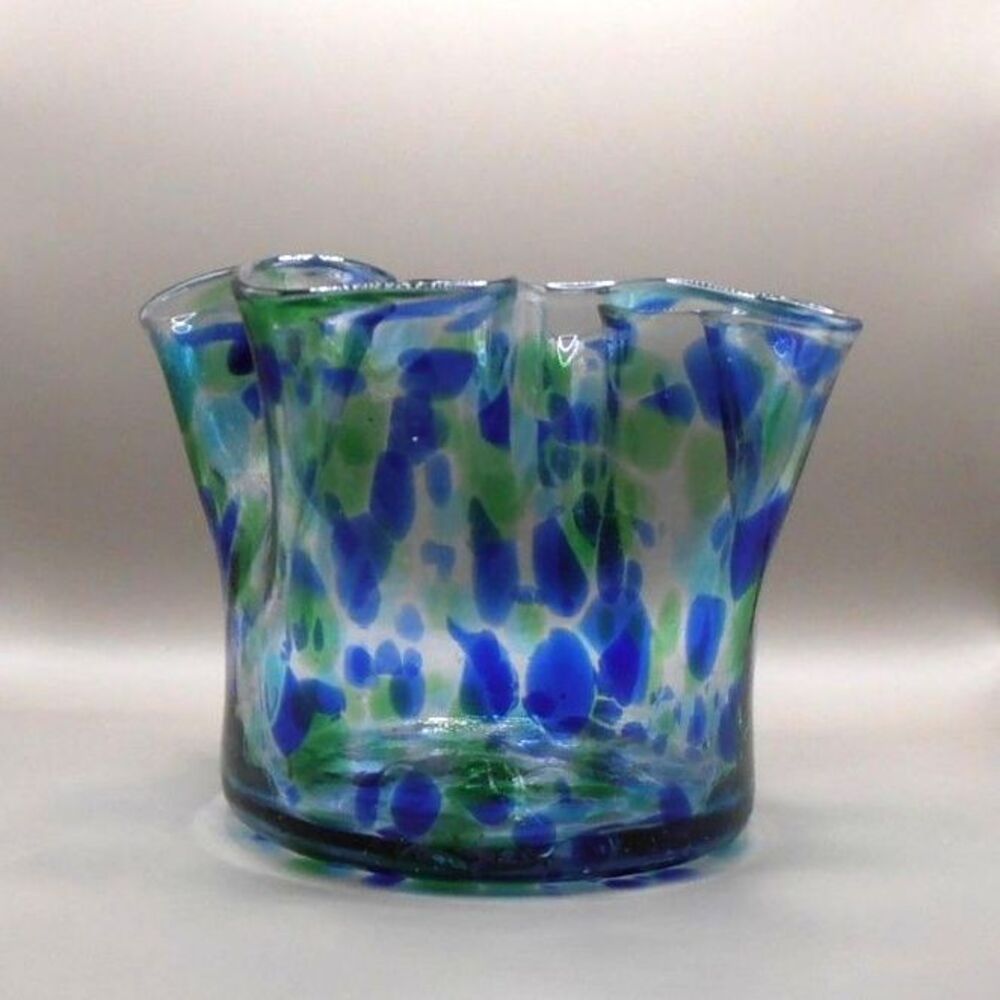 Hand Blown Art Glass Ruffle Rim Bowl – Blue & Green – Made in Mexico – 3.5” Tall